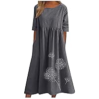 Dollar Deals Cotton Linen Dress for Women 2024 Trendy Summer Short Sleeve Midi Dresses Cute Casual Dandelion Print Sundress with Pocket Vestido Playa Mujer Dark Gray