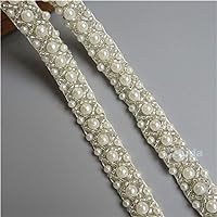 1 Yard Pearl Beaded Band Lace Edge Trim Ribbon Tape Vintage Style Edging Trimmings Fabric Embroidered Applique Sewing Craft Wedding Bridal Dress Party Decor Clothes Embroidery (Ivory Wide 1.5cm)