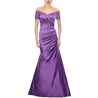 Mermaid/Trumpet Mother of The Bride Dress Vintage Off Shoulder V Neck Floor Length Satin Short Sleeve 2024