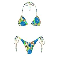 VOLAFA Women's Triangle Bikini Set String Swimsuit Print Tie Smocked Ruched Two Piece Bathing Suit