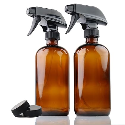 Empty Amber Glass Spray Bottles | 2 Pack 16 Oz Refillable Sprayer for Essential Oil | Water, Kitchen, Bath, Beauty, Hair, Cleaning | Durable Trigger Sprayer with Mist & Stream Modes & 2 Storage Caps