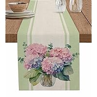 Spring Hydrangeas Table Runner 108 Inches Long for Dining Table, Washable Cotton Linen Farmhouse Table Runners Dresser Scarf for Kitchen Party Holiday Seasonal Floral Rustic Green Burlap