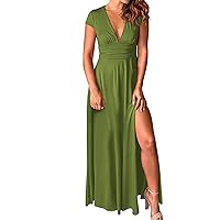 Mint Green Floral Dress for Women,Women's Deep V Neck Short Sleeve Long Dresses Pleated High Waist Slit Club Pa