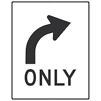 NMC TM521K ONLY Right Turn Sign – 24 in. x 30 in. Reflective Aluminum Traffic Sign with Curved Arrow Graphic, Black Text/Graphic on White Base