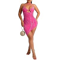 Womens Sexy Sleeveless Lace Up Rhinestone Mesh Paneled High Low Hem Bodycon Party Clubwear Dress