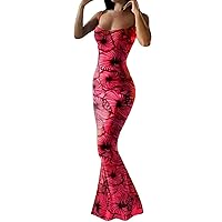 XJYIOEWT Wedding Guest Dresses for Women Midi Length,Women's Slim Fit Adjustable Printed Dress Sexy Peach Butt Fishtail