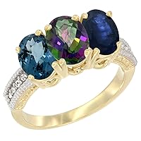 14K Yellow Gold Natural London Blue Topaz, Mystic Topaz & Blue Sapphire Ring 3-Stone 7x5 mm Oval Diamond Accent, Sizes 5-10
