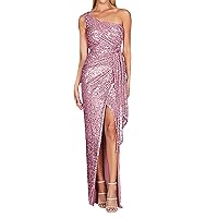 XJYIOEWT Cocktail Wedding Guest Dresses for Women,Ladies One Shoulder Tie Waist Slit Pleated Sequin Gown Dress Formal Co