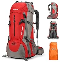 70L Hiking Backpack Large Lightweight Waterproof Camping Backpack Travel Backpacking Backpack Daypack with Rain Cover -Frameless (Red)