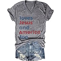 Woxlica Loves Jesus and America Too Shirt Womens Patriotic Tops 4th of July Shirts Graphic Tee