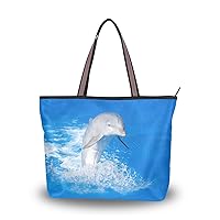 Dolphin Jump Out of Blue Water Shoulder Bag Top Handle Polyester Cloth Tote Handbags for Women