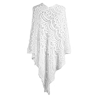 Women's Elegant Knitted Tassel Shawl Asymmetric Hem Poncho Fringe Pullover Sweater Solid Color Cowl Neck Top Coat Wrap Cape (White,One Size)