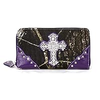 DH JP Camo Bling Rhinestone Cross Spiritual Womens Western Zipper Wristlet Wallet (Purple)