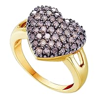 TheDiamondDeal 14kt Yellow Gold Womens Round Brown Diamond Heart Cluster Ring 1.00 Cttw