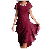 XJYIOEWT Plus Size Dresses,Women's Summer Solid Color Dress: Short Sleeve Round Neck Chiffon Paneled Casual Wave Hem Dr