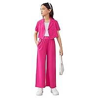 OYOANGLE Girl's 2 Piece Outfits Short Sleeve Button Front Crop Blazer Shirt and Pocket Pants Set