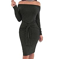 Women's Cold Shoulder Autumn Midi High Dress Long Sleeve Sweaters Knit Casual Dresses