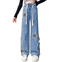 iiniim Big Kids Girls' Casual Wide Leg Baggy Ripped Jeans Youth Cool Loose Fit Distressed Star Printed Denim Pants