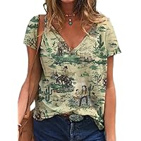 Women's Vintage Western T Shirts Cactus Horse T-Shirt Crewneck Cowgirl 3D Graphic Tee Summer Novelty Short Sleeve Tops