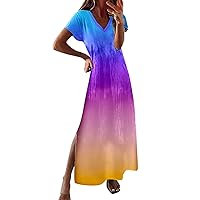 Women Casual Dresses 2023 Summer Women Casual Fashion Regular V Neck Short Sleeved Dress Color Tie Dye Color