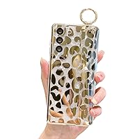 LeLeYun for Samsung Galaxy S22 Plus Case Cute Pattern Plating Sparkle Bling Shockproof Protective Silicone Cover with Wrist Strap Kickstand and Ring for Girls and Women - Leopard