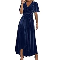 XJYIOEWT Summer Dresses for Women 2024 Maxi Strapless, Women's Boho V Neck Ruffle Floral Wrap Maxi Dress Tunic Party Dr