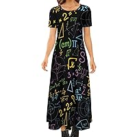 Math Formula Pattern Women's Short Sleeve Crewneck Dress Casual Long Maxi Dresses