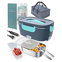Electric Lunch Box, 80W Portable Lunch Warmer Food Heater for Adults Car/Truck/Office 12/24/110V, Fast Heating Lunchbox with Leak Proof Lid SS Container, Grayish Blue