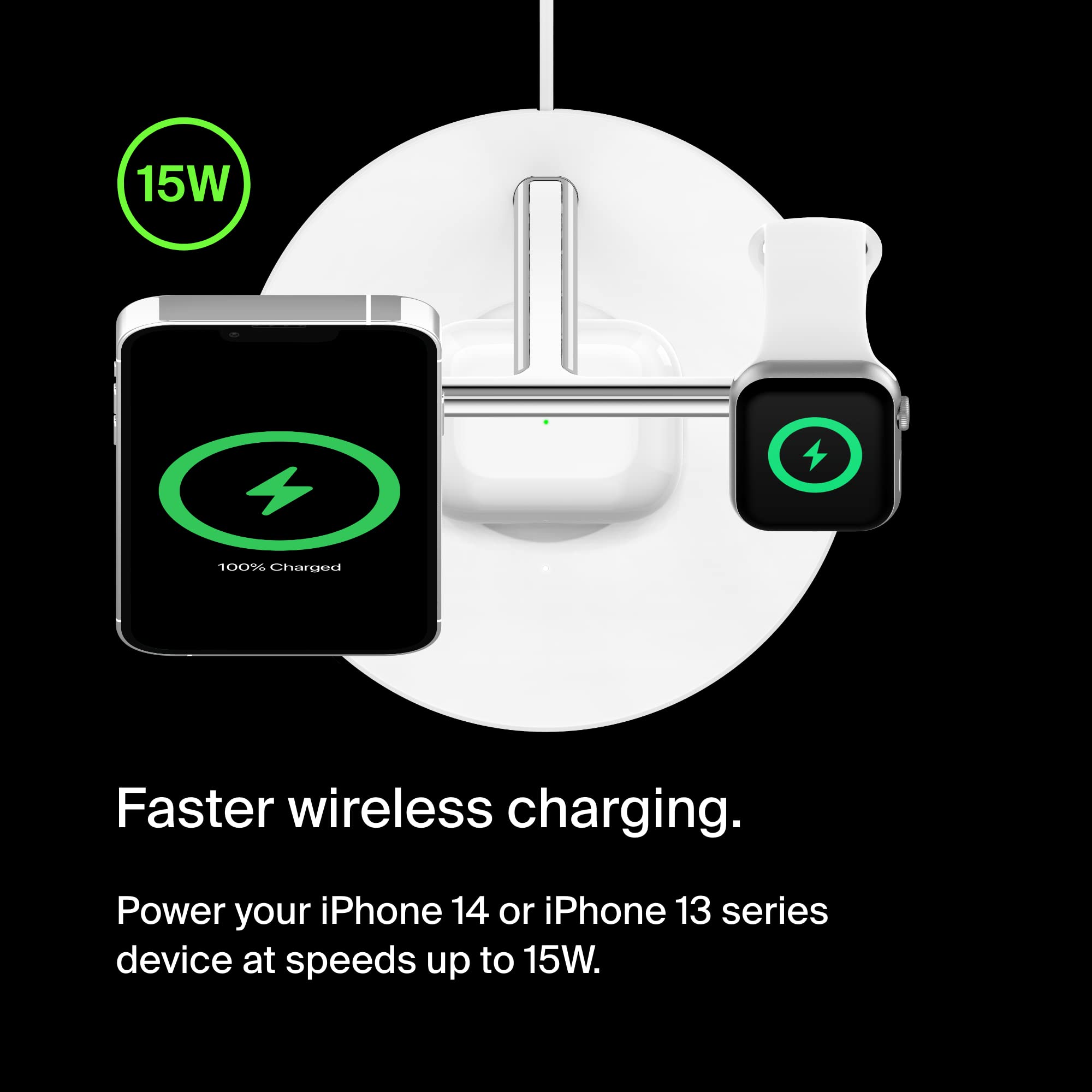 Belkin MagSafe 3-in-1 Wireless Charging Stand - 2ND GEN w/ 33% Faster Wireless Charging for Apple Watch - iPhone 14, 13 & 12 series & AirPods - MagSafe Charging Station For Multiple Devices - White