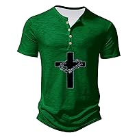 Mens Cross Print T-Shrits, Muscle Fit Henley Shirt Fashion Short Sleeve Tee Tops V Neck Button Down Comfy Lightweight Blouses