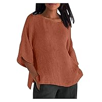 Women Cotton Linen Crew Neck 3/4 Sleeve Basic Tunic Tee Shirts Tops Blouse Solid Color Summer Casual Fashion Tops