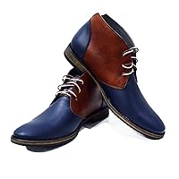 PeppeShoes Modello Falcone - Handmade Italian Mens Color Navy Blue Ankle Chukka Boots - Cowhide Smooth Leather - Lace-Up