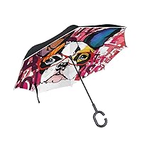 Double Layer Inverted Umbrella Cars Reverse Umbrella French Bulldog Wearing Sunglasses Windproof UV Proof Travel Outdoor Umbrella