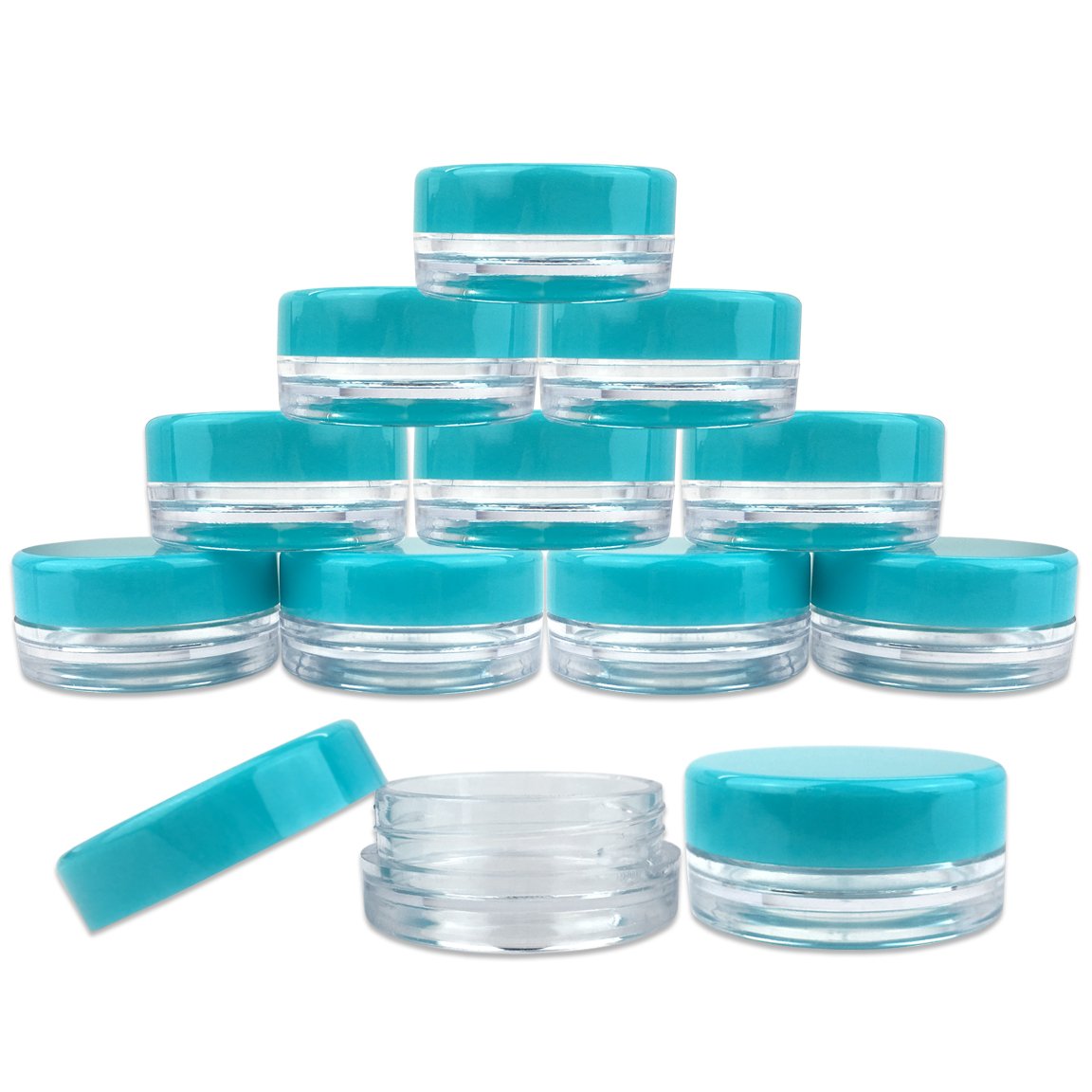 (100 Pieces Jars + Lid) Beauticom 3G/3ML Round Clear Jars with Teal Sky Blue Screw Cap Lids for Scrubs, Oils, Toner, Salves, Creams, Lotions, Makeup Samples, Lip Balms - BPA Free