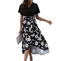 JASAMBAC 2023 Women's High Low A Line Floral Dress Casual Short Sleeve Cocktail Bridesmaid Dresses with Pockets