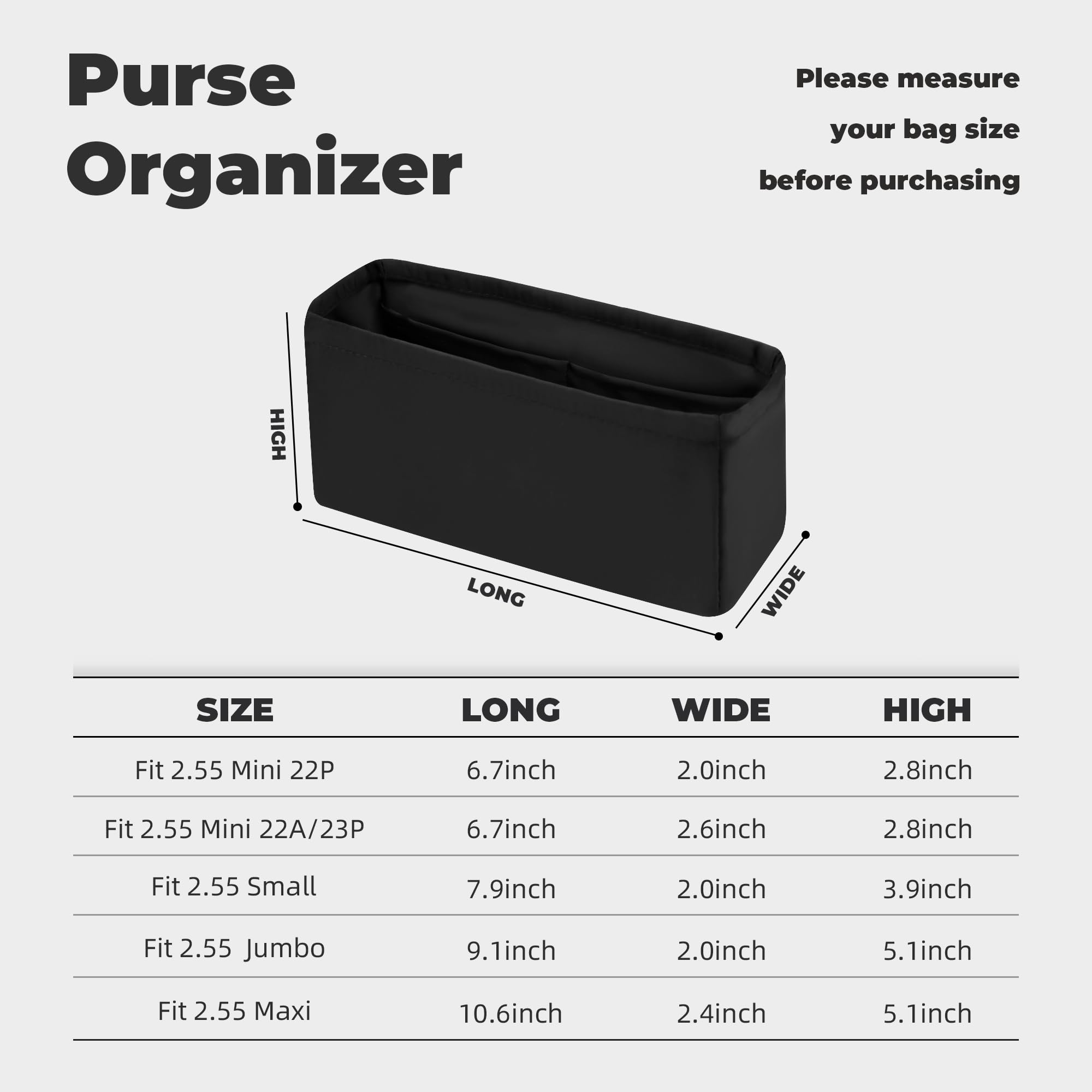 XYJG Purse Handbag Silky Organizer Insert Keep Bag Shape Fits LV Chanel 2.55 22P/22A/23p/Small/Jumbo/Jumbo/Maxi Bags, Luxury Handbag Tote Lightweight Sturdy(2.55 Mini 22P,Black)