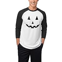 Hat and Beyond Mens Jack-O-Lantern Smile White Halloween Graphic 3/4-Sleeve Raglan T-Shirts