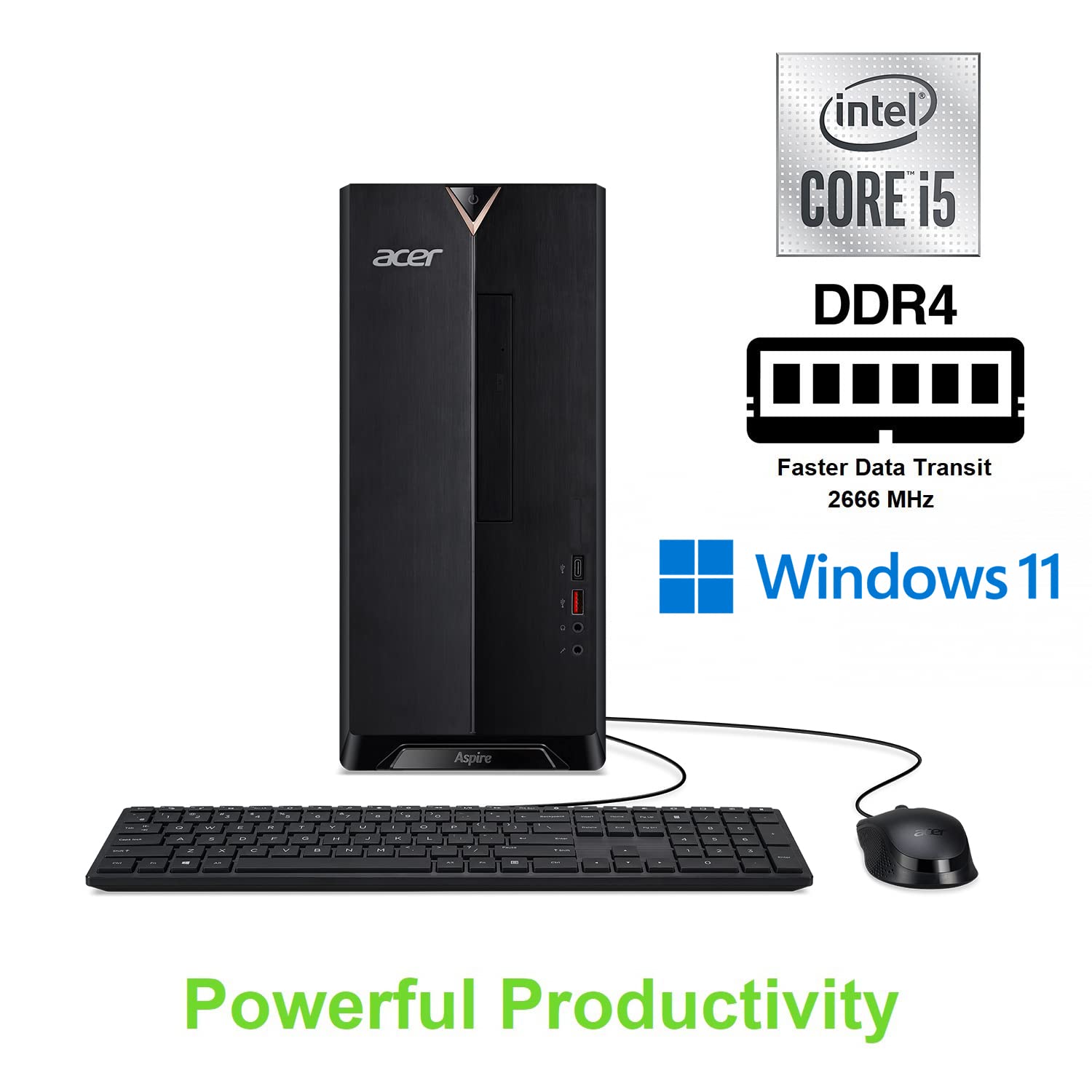 Acer Aspire TC-1660-UA19 Desktop | 10th Gen Intel Core i5-10400 6-Core Processor | 12GB 2666MHz DDR4 | 512GB NVMe M.2 SSD | 8X DVD | Intel Wireless Wi-Fi 6 | Bluetooth 5.2 | Windows 11 Home