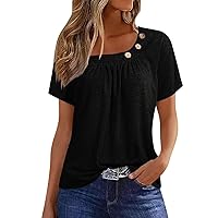Short Sleeve Henley Top,Womens Tops Summer Button Solid Color Ruched Short Sleeve Loose Shirts Basic Dressy Blouse Ladies 2024 Outfits Y2K Tops