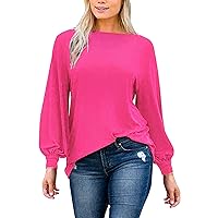 PESION Womens Casual Bishop Sleeve Blouse Boat Neck T-Shirts Tunic Tops