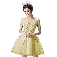 Women's Sleeveless Tulle Short Homecoming Dresses Lace Applique V Neck Bridesmaid Party Dress Canary Yellow