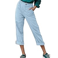 Linen Pants for Women Casual Summer Button Up Cropped Pants Elastic Waist Linen Capri Pants with Pockets Capris Trousers