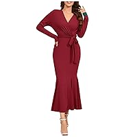 Women's Dresses, 2023 Autumn and Winter Fashion Solid Color V-Neck Slim Fishtail Long Dress