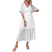 Women's 2023 Summer Dress Plain V Neck Half Sleeve Wrap Belted A-Line Long Dresses