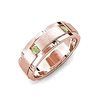 Round Peridot 0.27 ctw Satin Finished Center and Polished Edges with Grooved Lines Men Wedding Band 14K Gold