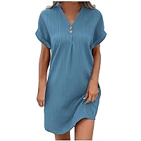 Overstock Deals Women 2024 Casual Mini Dresses Rolled Up Short Sleeve V Neck Shift Dress Summer Elegant Textured Dresses Loose Tunic Dress Vestidos Mujer Elegantes Blue