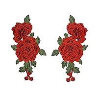 1 Pair Red Rose Flowers Patch Embroidered Floral Applique Sew On Patches for Lace Fabric Clothes DIY Craft Supply Handy and Professional