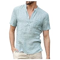 Linen Shirts for Men,Plus Size Short Sleeve Fashion Shirt Casual 2024 Trendy Solid Button T-Shirt Blouse Top Tees