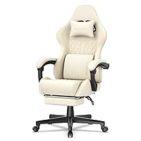 Ferghana Vintage PU Leather Gaming Chair, Ergonomic Gamer Chair with Massage, High Back Computer Office Chair with Footrest for Adults, Racing Style Reclining Video Game Chair (Beige)