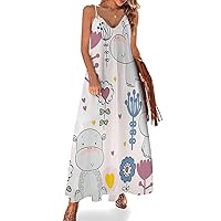 Flowers and Hippos Women's Long Dress Sleeveless Loose Dress V-Neck Spaghetti Strap Maxi Dress Casual Ruffle Hem Dresses